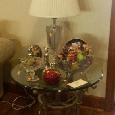 Glass topped table, lamp, what nots