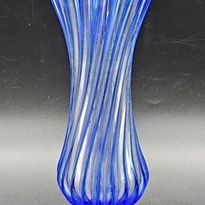 Blue Art Glass 9in Footed Vase w/ Scalloped Rim