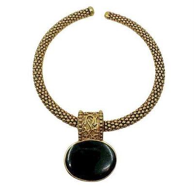 Gold Tone Collar Necklace with Black Pendant