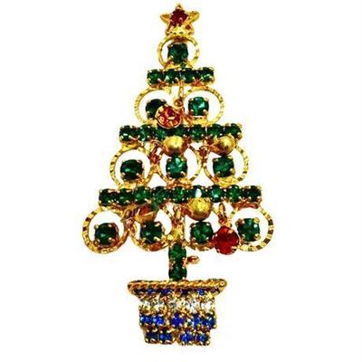 Vintage Rhinestone Christmas Tree Brooch, Unsigned