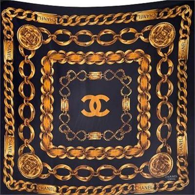 Chanel Paris, CC Chain Blue and Gold Silk Scarf, Vintage
