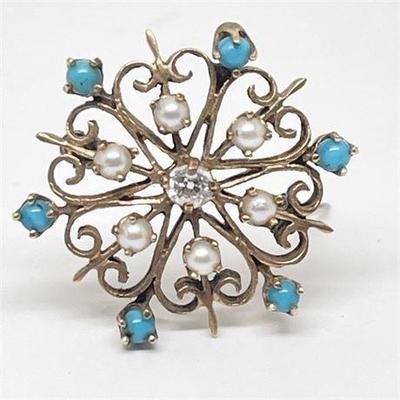 Lot 007  
Diamond, Pearl and Turquoise 14K Gold Pin