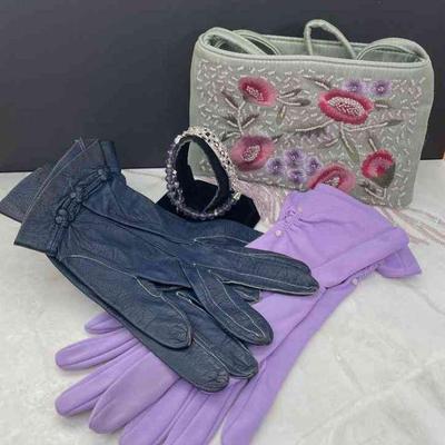 Cookie Lee Lavender Faceted Glass * Rhinestones Bracelet * Vintage Blue Leather Gloves * Lavender Vintage Nylon Dress Gloves * Beaded...