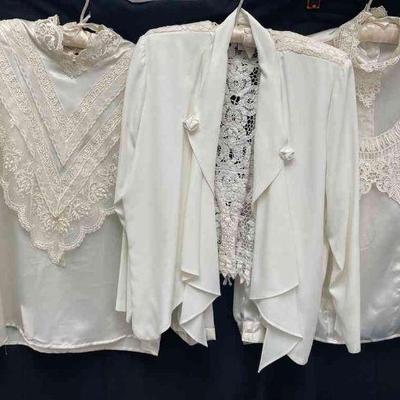 Cream Color Satin Blouses * Dressy Open Jacket With Lace Detailing In Back * 1980's * Shoulder Pads!
