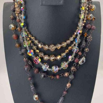 Vintage Iridescent Crystal Necklaces * Long Metal * Wood Bead * Glass Bead Necklace
