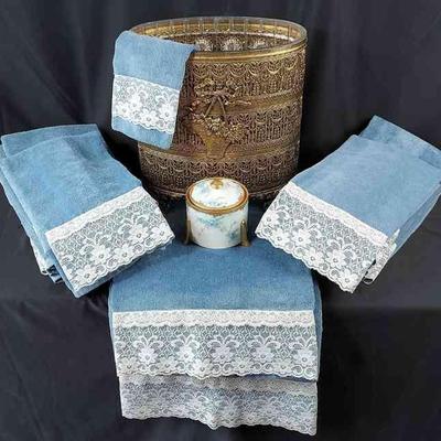 Bathroom Essentials * Towels * Gold-Tone Ornate Wastebasket * Vintage Thomas Of Bavaria Ceramic Sugar Bowl
