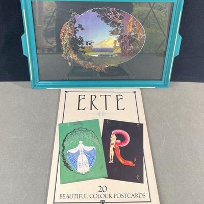 Vintage Peacock Garden Scene Glass Topped Wooden Tray * Art Deco Erte' Color Postcards Book 1994
