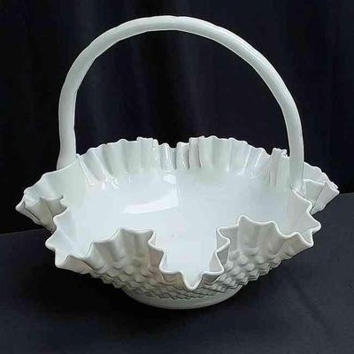 Milk Glass* Possible Fenton Hobnail Basket With Scalloped Edges
