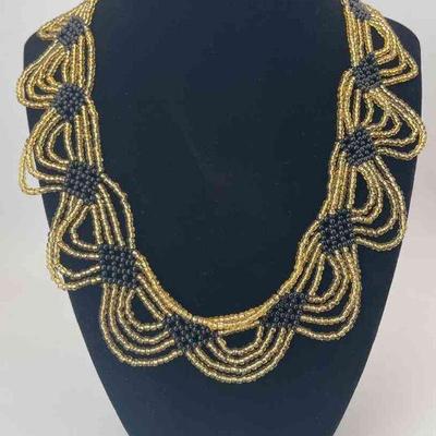 Handmade Gold / Black Intricate Seed Bead Necklace
