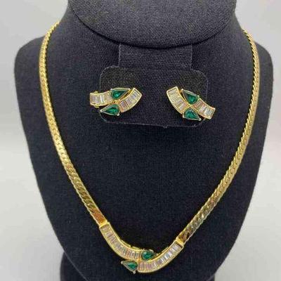 Jewels By Park Lane Gold Tone With Green * Clear Crystals Necklace * Clip On Earrings Set
