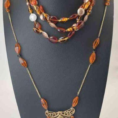 Amber Tones Glass Beaded Necklaces * Triple Strand * Vintage Pendant
