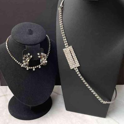 Clear Rhinestones Necklace * Clip On Earrings * Silver Tone * Rhinestones Belt
