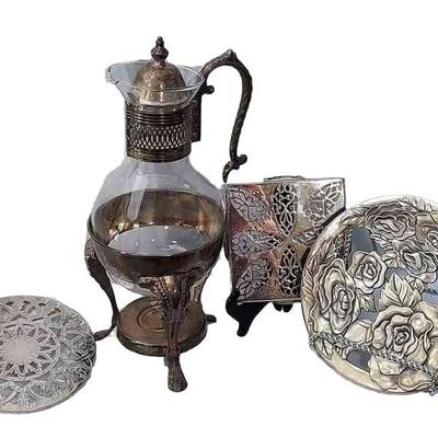 VINTAGE Silver Plating & Glass Coffee Pot In Stand * 3 Trivets
