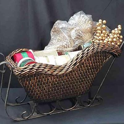 Wrought Iron & Wicker/Rattan Sleigh Filled With Ribbon/Gold-toned Grapes & Pine Cones
