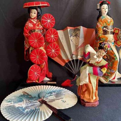 Decorative Dolls * 2 Large 15 Inch Japanese Dolls * 1 9 Inch Doll From Korea* 2 Japanse Style Folding Fans

