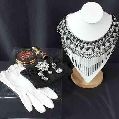 Vintage * Beautiful Beaded Necklace & Clutch * Costume Pin & Earrings * Tapestry Compact & Spray * Daisy Lace Trimmed Gloves
