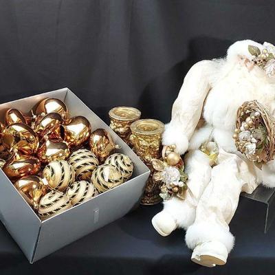 Baroque (Seated) Santa * Gold-Tone * Cherub Candleholders * Box Of Christmas Balls (24+)
