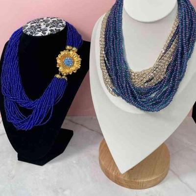 Eugene Multi Strand Blue Beads * Silver Metal Necklace * Brilliant Blue Pony Bead * Gold Tone * Blue Crystal Clasp
