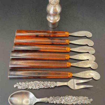 Vintage Amber Bakelite Spreaders * Silver Tone Stopper * TH Martensen Norway Tiny Serving Fork And Spoon
