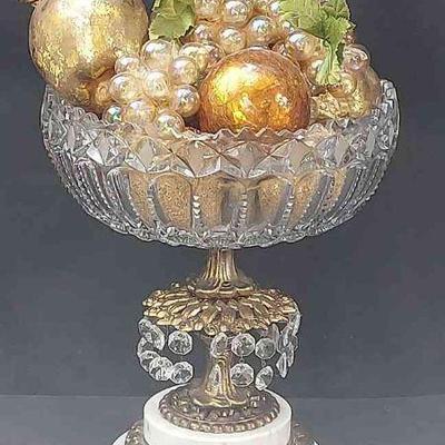 Lovely Marble & Crystal Pedestal Bowl With Gold-Toned Fruit & 3 Glass Orbs * Heavy
