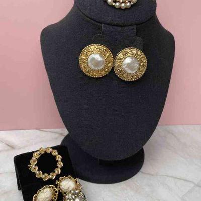 Trifari Pearly Beads * Crystals * Brooch * Cameo Clip On Earrings * Vintage DeMario Pearly Bead * Crystals Clip On Earrings * Gold Tone...