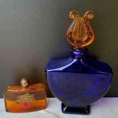 Vintage Patrician Lavender Full Perfume Bottle * Large Blue Glass Perfume Bottle With Amber Harp Stopper

