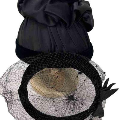 Vintage Black Hats * Satin With Velvet Trim * Fine Fragile Netted Hat With Velvet Band
