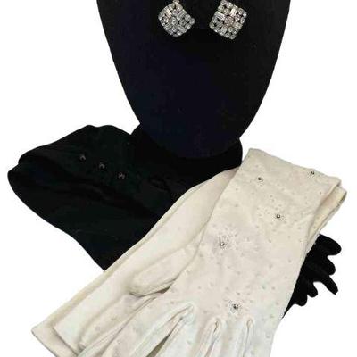 Vintage Long Evening Gloves * Clear Crystals Bogofe Brooch * Vintage Clip On Earrings
