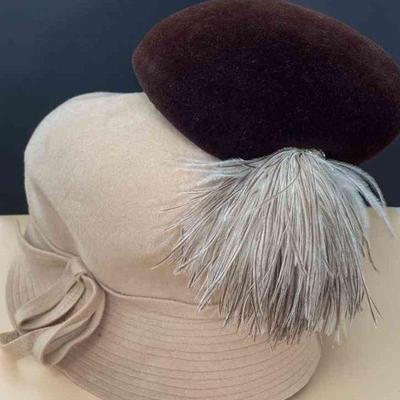 Vintage Velour Brown Hat With Feathers * Tan Wool Hat
