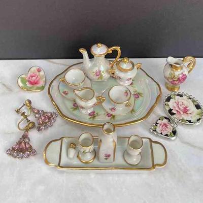 Tiny Limoges Decanter * Goblets On Tray * Tiny Gold Tone Trimmed Tea Set * Floral Pins * Vintage Pink Crystal Screw Back Earrings
