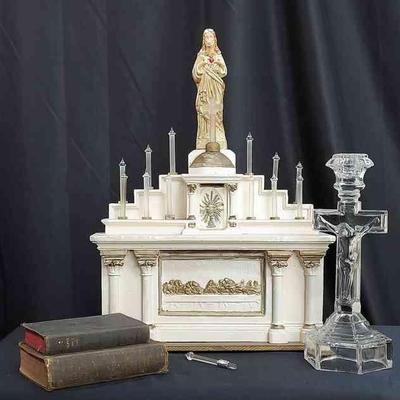 VINTAGE * Chalk/Plaster Home Altar/Statuary Of The Blessed Sacrament (Wired To Light-Up) * 2 Vintage Bibles * 1 Glass Crucifix Candleholder
