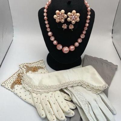 Vintage Pink Pearly Bead Necklace * Clip On * Screw Back Earrings * Dress Gloves * Satin Beaded Collar
