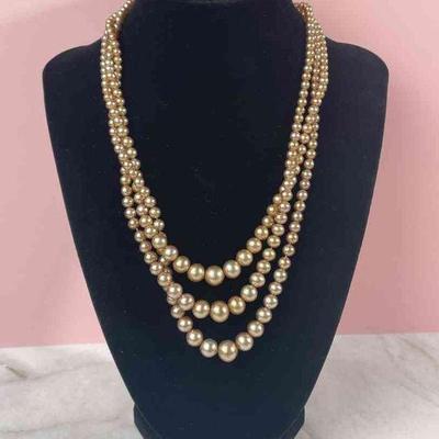 Vintage Faux Champagne Pearl Triple Strand Necklace
