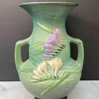 Vintage Roseville USA Green Urn Vase With Freesia Decor

