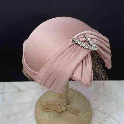 Vintage Rose Pink Satin Dress Hat * Crystal Embellishment * Veil
