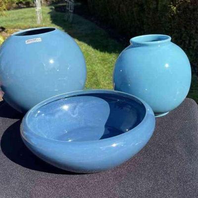 3 Blue Pottery Vases * Shorecraft Inc. Gig Harbor & Others
