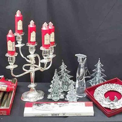 Toscany Crystal Angel * Silver Plated Candelabra * Gorham Wreatb * Serving Trowel * Glass Trees * Candles
