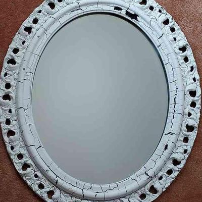 Vintage Composite & Wood Oval Wall Mirror In White Crackle
