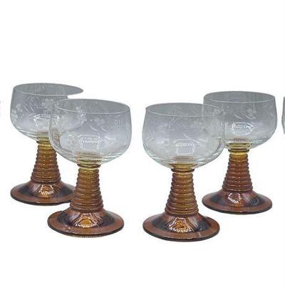 Vintage MCM Amber Beehive Stemmed Crystal Wine Goblets, Set of Four