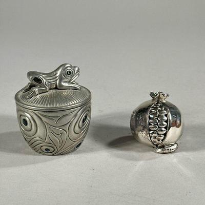 (2PC) METAL DESK ORNAMENTS | Includes: frog pot with swirling design and frog figurine on top, and decorative metal pomegranate