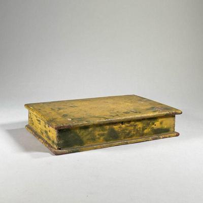 FOLK ART PAINTED CIGAR BOX | Having textured yellow paint, the inside with a primitive still life of a bowl of strawberries