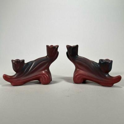 (2PC) VAN BRIGGLE PAIR OF CANDLE STICK HOLDERS | l. 6 x w. 2.5 x h. 4.5 in
