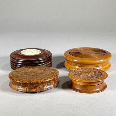 (4PC) CIRCULAR CARVED WOOD BOXES | Including; carved floral bone inlay, carved burl wood, and more