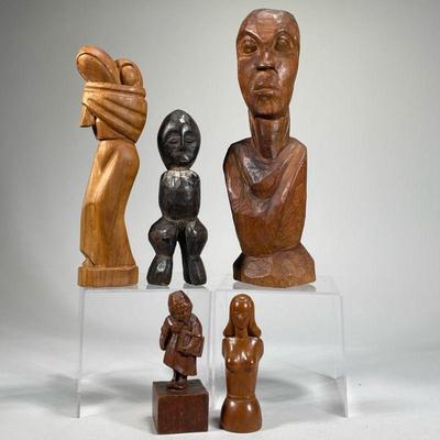 MIXED WOOD CARVINGS | Includes: small child figurine, bust of woman, large stylized but of man, and more