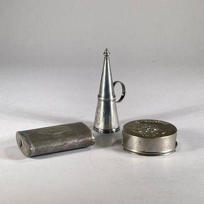 MIXED METAL PIECES | Includes: antique tobacco canister, collapsible â€œCyclists Cupâ€, and engraved cone