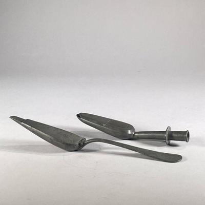 (2PC) PEWTER MEDICINE SPOONS | Including a Gibson inventor #43 And an A. Caron medicine spoon