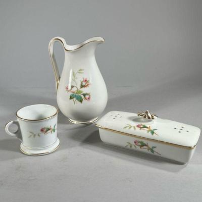 (3PC) FLORAL & GILT CERAMICS | Includes: Small pitcher, mug, and soap dish all decorated with flowers and gilt outlining