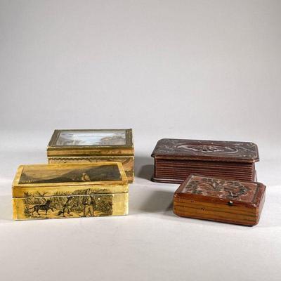 (4PC) DECORATIVE WOOD BOXES | Including; decorative shadow box, early Hudson valley box, and 2 floral carved boxes