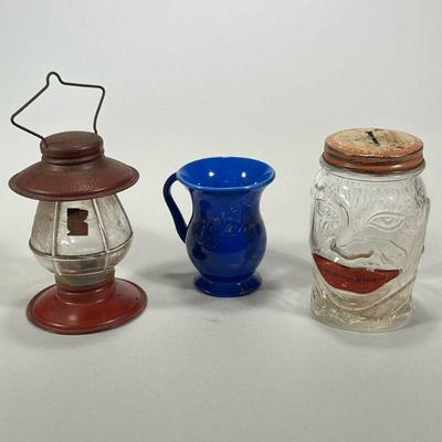 (3PC) DECORATIVE GLASS | Including a â€œLucky Joe Bankâ€, a miniature lantern with red painted tin, & a â€œRemember Meâ€ Bristol blown cup