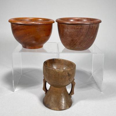 (3PC) TURNED WOODEN BOWLS | Includes 2 turned wooden bowls and carved wooden goblet